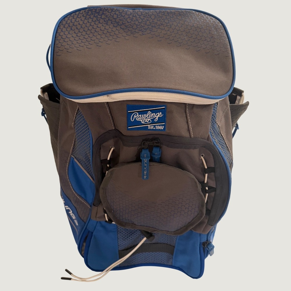 Rawlings Mark of a Pro Baseball Softball Equipment Backpack Grey Royal Blue